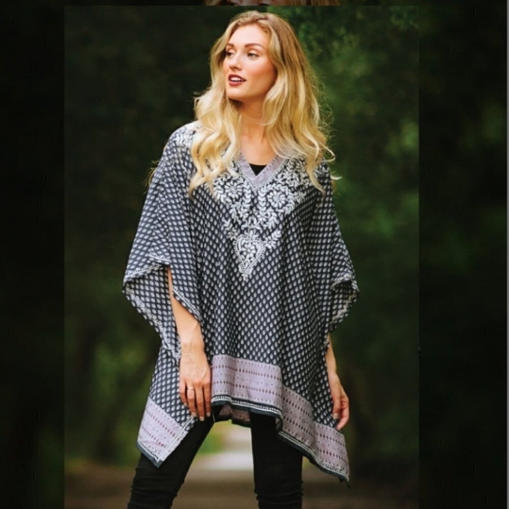 Sevya Handmade Embroidered Boho 100% Cupro Poncho/Tunic One Size Fits Most